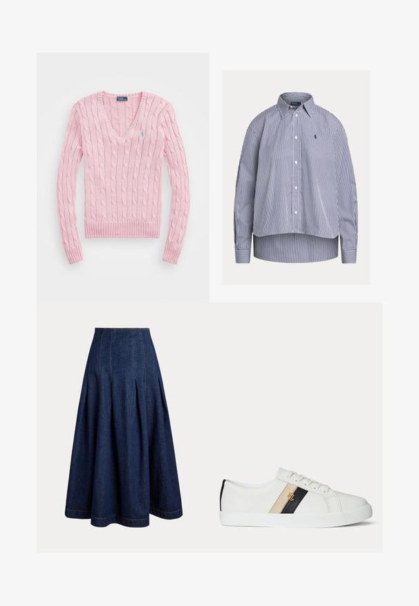 Lyserød kabelstrikket sweater med lange ærmer og V-hals, med lille blåt broderet logo på venstre bryst.; Hvid og mørkeblå skjorte med lodrette striber, lange ærmer, knapper og krave samt lille broderet logo på brystet.; Høj talje, mørkeblå denimskørt med bred udflaret A-formet silhuet og synlige lodrette sømme og læg.; Hvid lavtop-sneaker med beige og sorte sidelister, guld "RL" logo, hvide snørebånd og tekstureret sål på en ensfarvet baggrund.