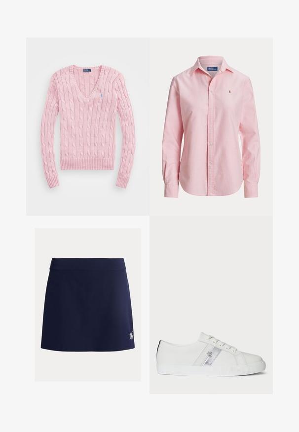 Lyserød kabelstrikket sweater med lange ærmer og V-hals, med lille blåt broderet logo på venstre bryst.; Lyserød langærmet skjorte med knapper og krave samt lille broderet logo på venstre bryst fra Polo Ralph Lauren.; Marineblå skort lavet af strækbart stof med bred linning og en lille hvid hestelogo på nederste venstre side.; Hvide sneakers lavet af syntetisk materiale, med en sølvstribe, rund tå, gummisål og seks snørehuller. Overfladen er glat.