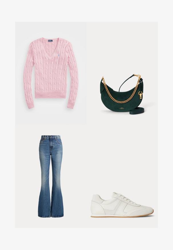 Lyserød kabelstrikket sweater med lange ærmer og V-hals, med lille blåt broderet logo på venstre bryst.; Højtaljede blå jeans i denim med klokkeformede ben og let falmet område foran på låret, vist mod hvid baggrund.; Hvid lavtop sneaker med snørelukning foran, ruskind- og læderpaneler og en lysebrun gummisål på en hvid baggrund.; Mørkegrøn ruskindshalvmåne håndtaske med guldkæde rem, læder skulderrem og lille gylden Polo af Ralph Lauren-logo.