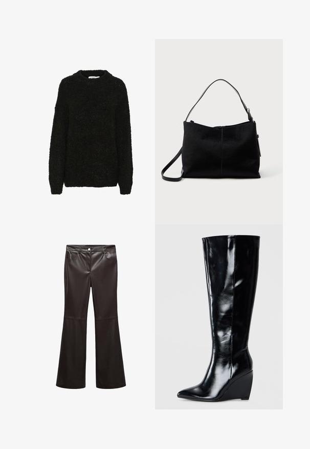 Sort, struktureret sweater med rund halsudskæring og lange ærmer. Blødt, fuzzy stof med en løs pasform, velegnet til hverdagsbrug.; Sorte flare bukser lavet af glat kunstlæder, med forlommer, lynlås og en sølvknap. Desuden detaljeret syning.; Knæhøje sorte læder wedgesko med spids tå og glat finish, der har et elegant og strømlinet design.; Sort skuldertaske med en glat, tekstureret overflade, prydet med en enkelt rem og en lynlåslukning øverst. Kompakt rektangulær form.