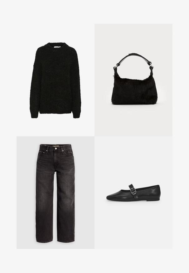 Pull noir texturé avec un col rond et des manches longues. Tissu doux et duveteux avec une coupe ample, idéal pour un style décontracté.; Levi's® BAGGY DAD - Jean baggy - shrink up; Chaussure plate en cuir noir avec un bout arrondi, une seule sangle réglable à boucle et une texture lisse et brillante. Design minimaliste avec un petit talon.; Sac à main en fausse fourrure noire avec une texture douce, une forme arrondie et une bandoulière en cuir noir robuste. Accent en métal argenté visible.