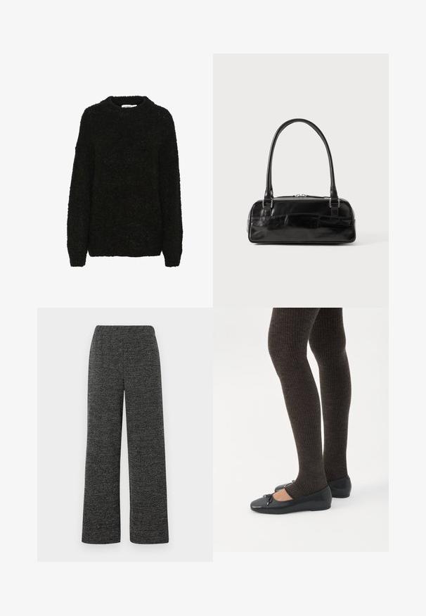 Suéter negro de textura con cuello redondo y mangas largas. Tejido suave y peludo con un corte holgado, adecuado para el uso casual.; Pantalones de pierna ancha en tejido texturizado negro y gris, con una cintura elástica para mayor comodidad. Sin bolsillos ni cierres visibles.; Piernas con leggings oscuros acanalados combinados con bailarinas negras que presentan pequeños detalles de lazo sobre un fondo blanco.; Bolso de mano de cuero negro con forma rectangular, equipado con un asa estructurada, herrajes en plata y cierre de cremallera. Textura suave.