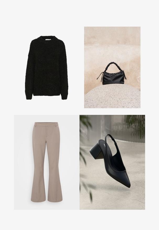 Suéter negro de textura con cuello redondo y mangas largas. Tejido suave y peludo con un corte holgado, adecuado para el uso casual.; Gina Tricot Tall RELAXED TROUSERS - Pantalones - taupe; Zapato de tacón slingback de cuero negro con punta afilada y tacón cuadrado. Textura suave, diseño minimalista y correa ajustable en el tobillo.; Bolso negro fruncido con asa recogida, apoyado sobre una esfera de piedra texturizada frente a una pared de hormigón beige.
