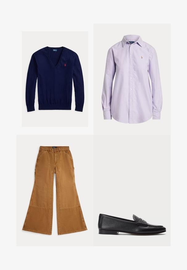 Tmavo modrý sveter s dlhým rukávom a výstrihom do V, s červeným vyšívaným logom Polo Ralph Lauren na ľavej strane hrudníka a rebrovanými lemami na rukávoch a spodnom okraji.; Svetlofialová košeľa s dlhým rukávom na gombíky, s golierom a malým vyšívaným logom na ľavej strane hrudníka.; Hnedé bavlnené nohavice s širokými nohavicami, zdobené nášivkami, zapínanie na gombík a šikmé vrecká vpredu. Hladká textúra, ležérny dizajn.; Čierne kožené loafers s textúrovaným povrchom, vybavené dekoratívnym pásikom a plochým podpätkom. Elegatný, minimalistický dizajn s okrúhlou špičkou.