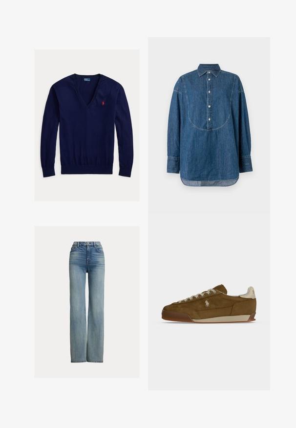 Tmavo modrý sveter s dlhým rukávom a výstrihom do V, s červeným vyšívaným logom Polo Ralph Lauren na ľavej strane hrudníka a rebrovanými lemami na rukávoch a spodnom okraji.; Džínová košeľa tmavomodrej farby s golierom, zapínaním na gombíky, dlhými rukávmi a zakriveným švom na prsiach.; Džínsy s vysokým pásom, rovného strihu, modrej farby, s prednými vreckami, pútkom na opasok a zapínaním na gombík, s jemným ochranou.; Hnedá semišová teniska s krémovými šnúrkami, hrubou podrážkou a malým bielym vyšitým logom na boku.