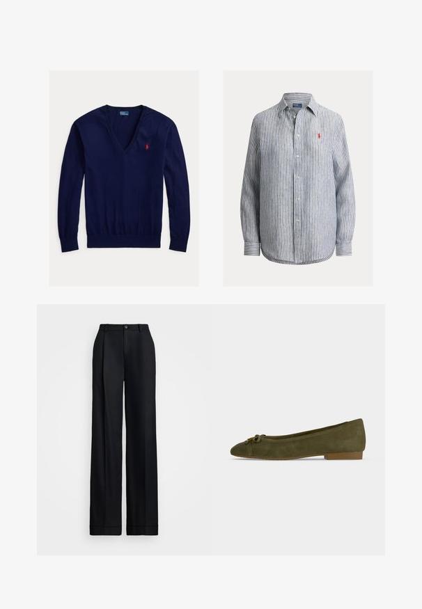 Tmavo modrý sveter s dlhým rukávom a výstrihom do V, s červeným vyšívaným logom Polo Ralph Lauren na ľavej strane hrudníka a rebrovanými lemami na rukávoch a spodnom okraji.; Košeľa s dlhým rukávom na gombíky, s vertikálnymi námornícky modrými a bielymi pruhmi, klasickým golierom a malým červeným vyšívaným logom na hrudi.; Čierne široké nohavice s hladkým povrchom, plochým predným dielom, pútkami na opasok a jedným gombíkom na uzatvorenie v páse.; Olivovo zelená semišová baletná topánka s okrúhlou špičkou, malou mašličkou a nízkym hnedým podpätkom, zobrazená z boku na jednoduchom pozadí.