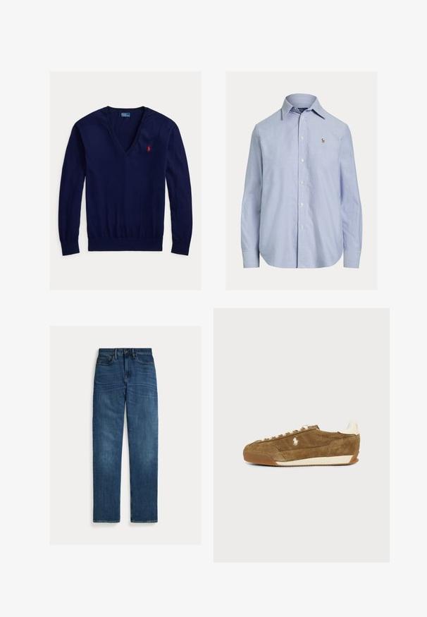 Tmavo modrý sveter s dlhým rukávom a výstrihom do V, s červeným vyšívaným logom Polo Ralph Lauren na ľavej strane hrudníka a rebrovanými lemami na rukávoch a spodnom okraji.; Svetlomodrá košeľa s dlhým rukávom na gombíky, so špicatým golierom a malým vyšitým logom na ľavej strane hrude.; Modré džínsy z denimu s rovnými nohavicami, piatimi vreckami, zapínaním na gombíky a jemným vyblednutím na stehnách a kolenách, položené na bielom pozadí.; Hnedá nízka teniska z brúseného semišu s bielymi šnúrkami, béžovou podrážkou a malým bielym logom koňa na boku.