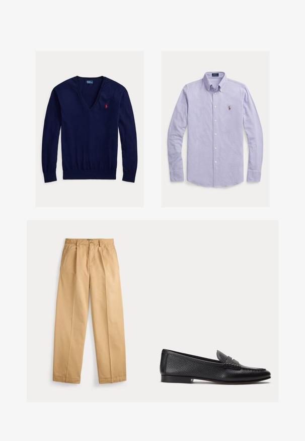 Tmavo modrý sveter s dlhým rukávom a výstrihom do V, s červeným vyšívaným logom Polo Ralph Lauren na ľavej strane hrudníka a rebrovanými lemami na rukávoch a spodnom okraji.; Svetlofialová dlhá košeľa na gombíky vyrobená z bavlny. Má klasický golier, biele gombíky a malé vyšívané logo na hrudi.; Béžové nohavice s rovným strihom, zapínaním na gombík a zips, prednými vreckami, pútkami na opasok a vyžehlenými skladmi na nohaviciach.; Čierny textúrovaný kožený mokasín s nízkym podpätkom a klasickým remienkom na mincu, zobrazený z profilu na jednoduchom svetlom pozadí.