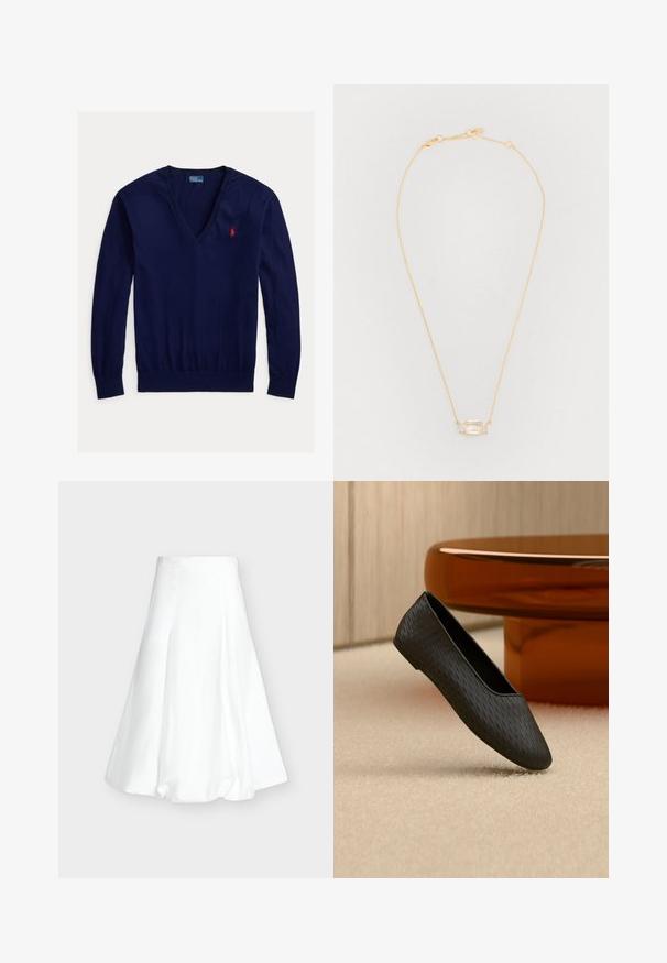 Marineblauwe V-hals trui met lange mouwen, rood geborduurd Polo Ralph Lauren-logo op de linkerborst en geribbelde boorden en zoom.; Witte midirok met hoge taille, bubbelzoom en verticale naden op een effen lichtgrijze achtergrond.; Zwarte gestructureerde slip-on platte schoen zwevend boven een beige tapijt nabij een ronde amberkleurige tafelpoot.; Gouden ketting met een langwerpige rechthoekige hanger met een heldere steen, geflankeerd door twee kleinere rechthoekige stenen, met een soepele textuur.