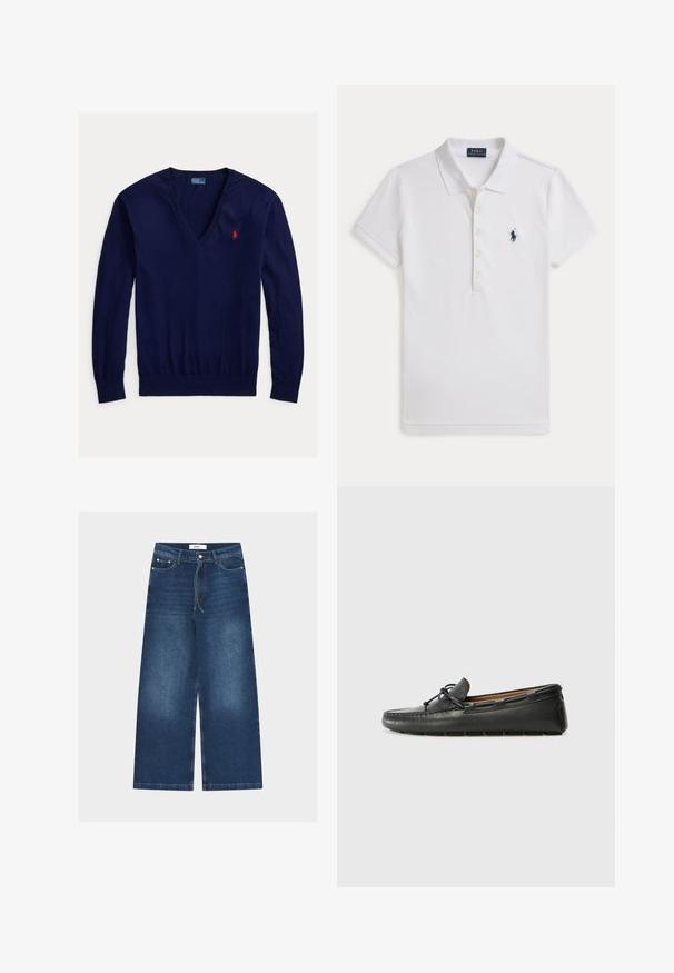 Tmavo modrý sveter s dlhým rukávom a výstrihom do V, s červeným vyšívaným logom Polo Ralph Lauren na ľavej strane hrudníka a rebrovanými lemami na rukávoch a spodnom okraji.; Biele tričko polo s krátkym rukávom, golierom, piatimi gombíkmi a malým tmavomodrým logom hráča póla na ľavej strane hrude.; Modré džíny s vysokým pásom a širokými nohavicami, s predným gombíkom, zipsom, pútkami na opasok, šnúrkou a vyblednutými detailmi na stehne.; Čierne kožené loďové topánky s okrúhlou špičkou, prešitou detailmi, malou mašľou a gumovou podrážkou. Hladká textura a štíhly dizajn.