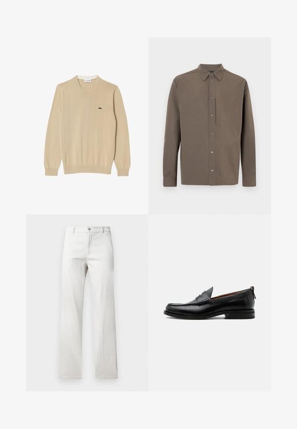 Suéter de punto beige con mangas largas, cuello redondo y puños acanalados. Presenta un pequeño logo verde de Lacoste en el pecho.; Camisa marrón de manga larga con cuello puntiagudo, cierre de broches a presión y diseño minimalista. La tela parece suave con un acabado mate.; Pantalones grises claros con un diseño de pierna recta, fabricados en una tela suave, con cierre frontal de botón y bolsillos laterales.; Mocasín de hombre de piel negra con costura moc toe, tira penny, cuello texturizado y tacón bajo apilado sobre fondo blanco.