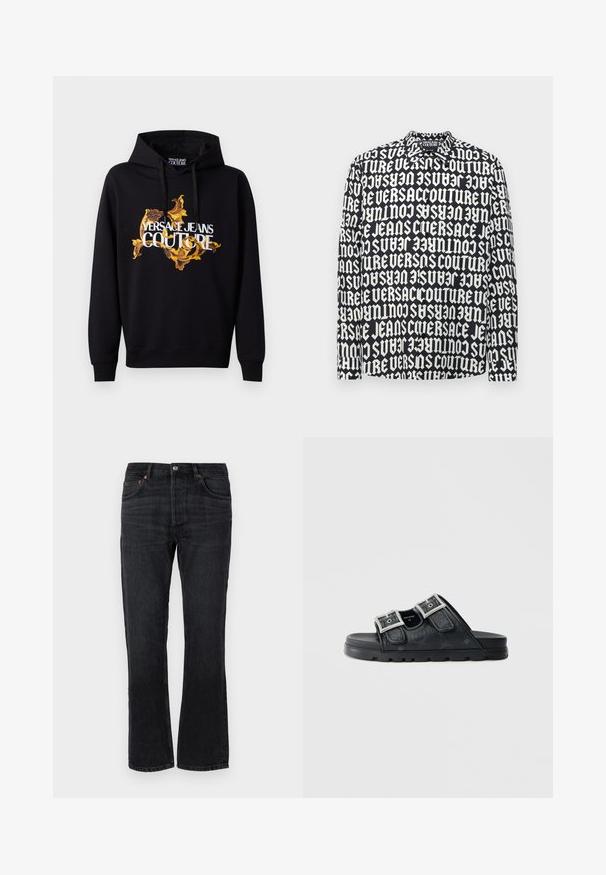 Mustmust mustern, mille ja kollase baroksilise mustriga ning valge "VERSACE JEANS COUTURE" tekstiga ees. Paelaga kapuuts.; Mustaga mustreid pikkade varrukatega must särk, millel on kontrastne valge tekstimuster. Särgil on klassikaline krae ja nööbiplakk; kangas tundub sile ja kerge.; Mustad denim püksid sirge säärega, viie taskuga ja oranžide tikandite aktsentidega. Sile tekstuur ja minimaalne pleekimise detail.; Mustad libisevad sandaalid kahe reguleeritava hõbedase pandlaga, tekstureeritud pealmise osaga ja lamedate kummist taldadega, millel on mustriline disain.
