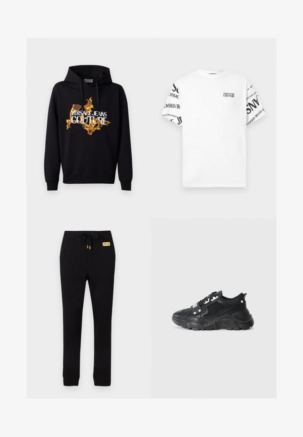 Hoodie noir avec un motif baroque vibrant doré et jaune et le texte "VERSACE JEANS COUTURE" en blanc sur le devant. Capuche avec cordon de serrage.; T-shirt blanc à manches courtes avec le texte "VERSACE JEANS COUTURE" sur la poitrine et un texte noir répété sur les manches.; Pantalon de jogging noir à coupe slim avec poignets côtelés, taille élastique avec cordon de serrage, et petite étiquette logo jaune Versace Jeans Couture.; Basket de sport noire avec un panneau en maille texturée, semelle en caoutchouc épaisse, accents contrastants et fermeture à lacets. Dispose d'une languette arrière.
