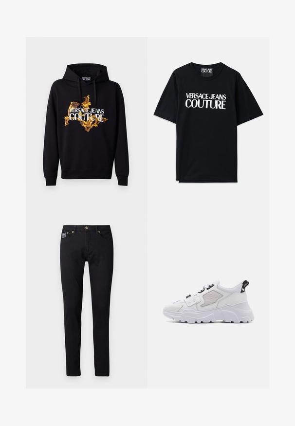 Mustmust mustern, mille ja kollase baroksilise mustriga ning valge "VERSACE JEANS COUTURE" tekstiga ees. Paelaga kapuuts.; Mustmust värvi puuvillane T-särk lühikeste varrukatega, mille esiküljel on suur valge kiri "VERSACE JEANS COUTURE". Klassikaline ümarkaelus.; Mustad denim teksad, mis on slim fit stiilis, kuldse viimistluse ja viie taskuga, ning paremas taskus on väike brändi silt.; Valged paksud tenni kingad, millel on tekstureeritud nahast pealmine osa, võrgutooted, must logodetail ja paks valge tald. Küljel aas mugavaks jalga panemiseks.