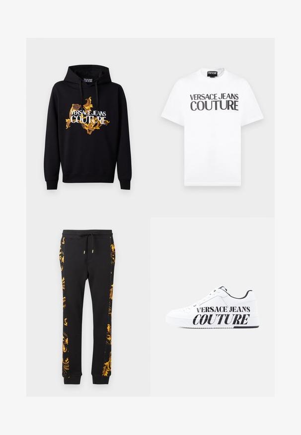 Musta huppari, jossa on eloisa kultainen ja keltainen barokkimuotoilu sekä valkoinen "VERSACE JEANS COUTURE" -teksti edessä. Kiristettävä huppu.; Valkoinen lyhythihainen t-paita, jossa musta teksti "VERSACE JEANS COUTURE" rinnassa ja pieni brändilappu kauluksen sisäpuolella.; Mustat collegehousut, joissa on kultainen kukkakuosi sivuilla, kapeneva malli ja joustavat hupit. Valmistettu pehmeästä puuvillamateriaalista.; Valkoinen matala tennarit mustalla sisävuorella, nyöritys edessä ja suuri musta "Versace Jeans Couture" -teksti sivun pohjassa ja päällisosassa.