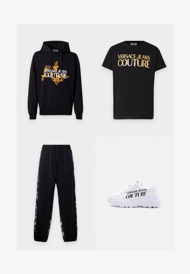 Sudadera negra con un vibrante patrón barroco en dorado y amarillo, y texto en blanco "VERSACE JEANS COUTURE" en el frente. Capucha con cordón.; Camiseta negra de manga corta con un gran texto metálico dorado "Versace Jeans Couture" en el frente y un cuello redondo.; Pantalones de chándal negros con cinturilla y puños elásticos, que presentan franjas de estampado floral en gris y blanco a lo largo de los lados exteriores de las piernas.; Zapatilla blanca gruesa con suela gruesa, diseño con cordones y "Versace Jeans Couture" impreso en letras negras negritas en el lateral.