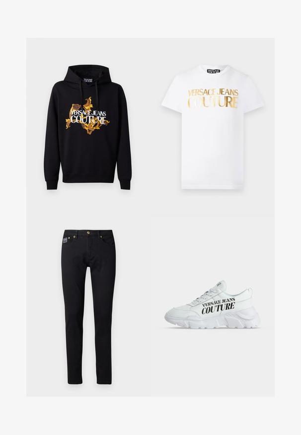 Čierna mikina s kapucňou, ktorá má živú zlatú a žltú barokovú vzor a biele texty "VERSACE JEANS COUTURE" na prednej strane. Kapucňa so šnúrkou.; Biele tričko s krátkym rukávom a zlatým metalickým nápisom "Versace Jeans Couture" na prednej strane a okrúhlym výstrihom.; Čierne džínsy z denimovej látky so slim fit strihom, s kovovými doplnkami v zlatej farbe, piatimi vreckami a malou značkovou etiketou na pravom vrecku.; Biely teniska Versace Jeans Couture s hrubou podrážkou a čiernym logom značky na boku, vystavená na jednoduchom svetlom pozadí.
