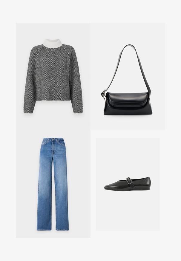 Vero Moda VMFELIZE HIGH NECK PULLOVER - Πουλόβερ - birch/black; Ανοιχτό μπλε παντελόνια με φαρδιά γραμμή από τζιν, με ψηλή μέση, μπροστινές τσέπες και κανονική κουμπωτή κλείσιμο. Λαμπερή υφή.; Μαύρο δερμάτινο παπούτσι φλατ με μυτερή μύτη, διαθέτοντας μια μεταλλική πόρπη που διασχίζει το κέντρο του ποδιού και μια χαμηλή, ευέλικτη σόλα.; Μαύρη δερμάτινη τσάντα χεριού με δομημένο σχήμα, απαλή υφή και έναν μόνο ιμάντα ώμου. Διαθέτει μια διακριτική, στρογγυλεμένη σχεδίαση καπακιού.
