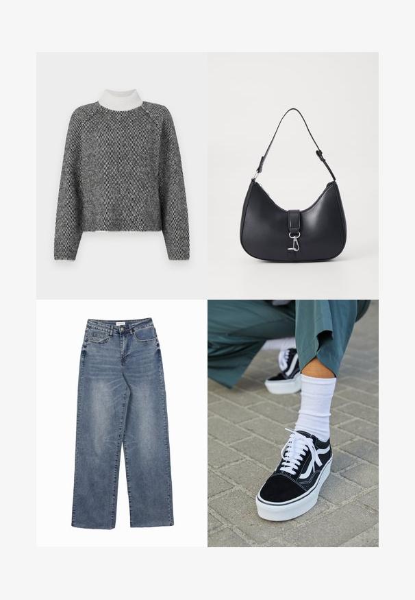 Vero Moda VMFELIZE HIGH NECK PULLOVER - Pullover - birch/black; Jean large en denim bleu avec poches avant et poche monnaie, fermeture par bouton, et détails délavés.; Baskets en suède noir avec des accents et des lacets blancs, présentant une épaisse semelle blanche et des coutures contrastantes, associées à une chaussette blanche.; Pieces PCLIKA SHOULDER BAG - Sac à main - black