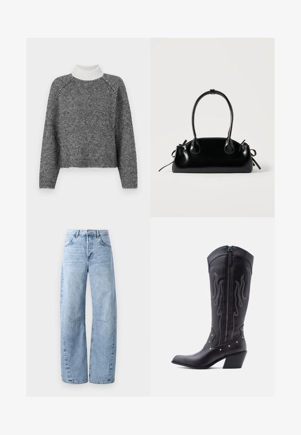 Vero Moda VMFELIZE HIGH NECK PULLOVER - Pullover - birch/black; Jeans en denim bleu clair à jambes larges, dotés d'une taille haute, de cinq poches et d'un léger dégradé. Les jambes présentent des coutures et des seams visibles.; Bottes de cow-boy en cuir noir avec bout pointu, coutures apparentes, ornements à clous argentés et fermeture éclair sur le côté intérieur.; Petit sac à main noir brillant avec deux longues anses et des détails à cordon sur les côtés sur un fond clair uni.