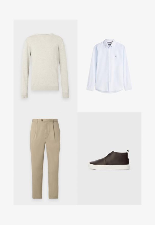 Pull à col rond beige à manches longues avec des poignets et un ourlet en côte, présenté sur fond blanc uni.; Chemise bleu clair à manches longues, boutonnée, avec un col à boutons et un petit logo Tommy Hilfiger sur le côté gauche de la poitrine.; Tommy Hilfiger HARLEM - Chino - camel; Bottines en cuir marron avec semelle en caoutchouc blanc, bout arrondi, deux œillets pour les lacets et une languette à l'arrière avec le logo de la marque.