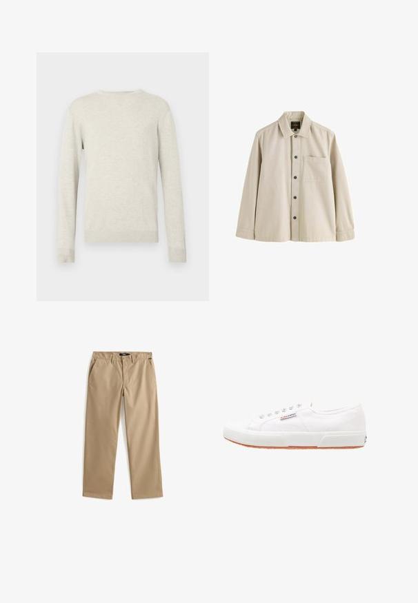 Beige trui met lange mouwen en ronde hals, voorzien van ribbels aan de mouwen en onderkant, gepresenteerd tegen een eenvoudige witte achtergrond.; Beige overhemd met lange mouwen, knopen, een kraag en één borstzak, gemaakt van stevig stof.; Beige recht gesneden chino's van lichtgewicht katoen. Voorzien van twee voorzakken en een knoopsluiting. Gladde textuur, minimale details.; Witte canvas sneakers met een rubberen zool, vetersluiting en een klein logolabel aan de zijkant. Gewreven wit bovenwerk en een bruine zool.