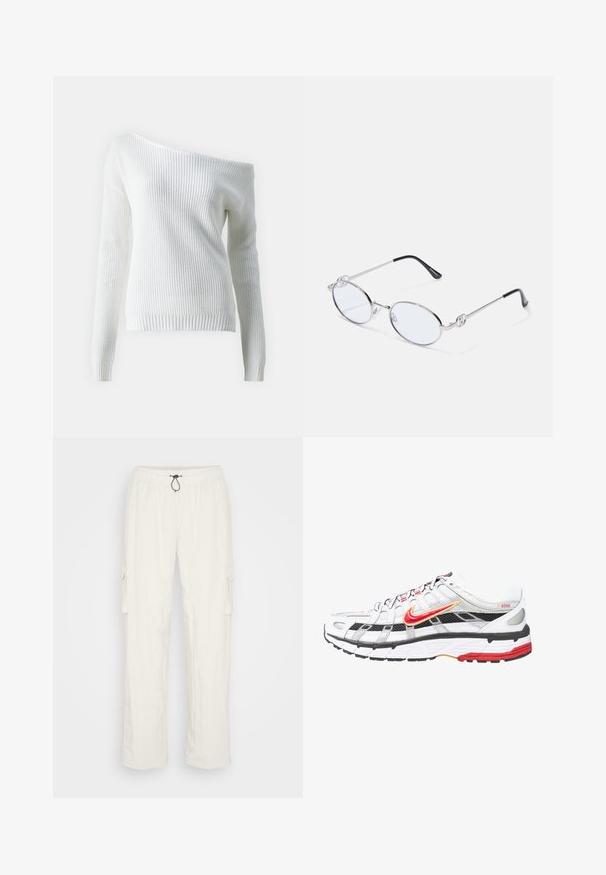 Pull blanc à épaules dénudées en maille côtelée, doté de manches longues, d'un ourlet ajusté et d'un motif texturé sur l'ensemble.; Pantalons cargo blancs avec une taille élastique, fermeture à cordon de serrage et poches latérales. Texture douce et coupe ample avec des jambes droites.; Chaussures de sport blanches et noires avec des accents rouges et dorés. Elles possèdent une tige en mesh, une semelle rembourrée et un design de laçage sécurisé.; Lunettes ovales en métal argenté avec verres transparents, présentant des accentuations décoratives sur les côtés et des embouts noirs sur les branches pour plus d'adhérence et de confort.