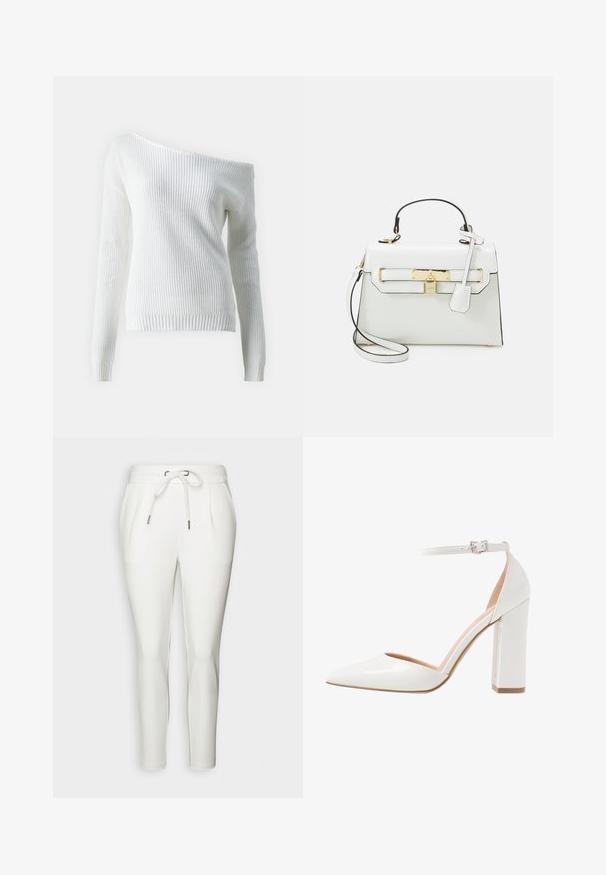 Pull blanc à épaules dénudées en maille côtelée, doté de manches longues, d'un ourlet ajusté et d'un motif texturé sur l'ensemble.; Pantalons de jogging blancs en tissu lisse, dotés d'une taille avec cordon de serrage, de deux poches latérales et de chevilles fuselées pour un look ajusté.; Chaussure à talon aiguille en cuir verni blanc avec un côté ouvert, bout pointu, bride de cheville avec boucle et talon épais.; Sac à main blanc avec texture crocodile, quincaillerie dorée, anse supérieure et bandoulière détachable ; présente une fermeture à verrou et un design minimaliste.