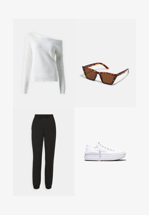 Pull blanc à épaules dénudées en maille côtelée, doté de manches longues, d'un ourlet ajusté et d'un motif texturé sur l'ensemble.; Vero Moda Tall VMLUCCA TAPERED TRACK PANT TLL - Pantalon classique - black; Baskets basses blanches en toile avec semelle plateforme épaisse, lacets sur le devant et embout en caoutchouc texturé, vues de profil.; Lunettes de soleil teintées de brun avec un motif écaille de tortue, monture angulaire et branches fines. Matériau en plastique léger.