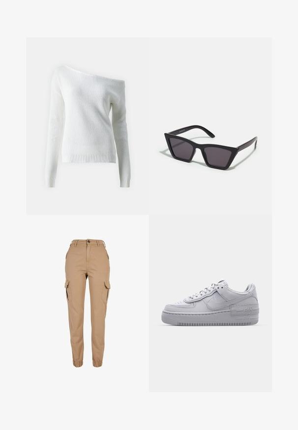 Pull blanc à épaules dénudées en maille côtelée, doté de manches longues, d'un ourlet ajusté et d'un motif texturé sur l'ensemble.; Pantalon cargo beige avec poignets élastiques, fermeture devant par bouton et zip, passants de ceinture, poches latérales à rabat, et coupe slim.; Basket en cuir lisse gris Nike Air Force 1 avec un bout perforé, une semelle épaisse et un détail 'AIR' en relief sur le talon.; Lunettes noires angulaires avec des verres gris ; fabriquées en plastique, avec des branches épaisses à la surface lisse et sans matériel visible.