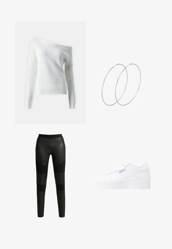 Pull blanc à épaules dénudées en maille côtelée, doté de manches longues, d'un ourlet ajusté et d'un motif texturé sur l'ensemble.; Leggings noirs avec un mélange de finitions brillantes et mates. Dotés d'une large taille et de panneaux contrastés le long des jambes. Texture lisse.; Baskets plateforme blanches en cuir avec une semelle en caoutchouc texturé, un dessus perforé pour la respirabilité et un détail logo doré sur le côté.; Boucles d'oreilles en argent au design minimaliste. Forme circulaire, texture lisse et profil fin. Légères avec une finition polie.