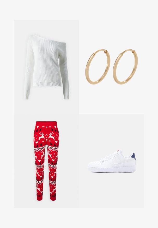 Pull blanc à épaules dénudées en maille côtelée, doté de manches longues, d'un ourlet ajusté et d'un motif texturé sur l'ensemble.; VILA VIANNA REINDEER CHRISTMAS - Pantalon de survêtement - mars red; Baskets basses blanches avec perforations sur la pointe, lacets blancs, logo swoosh blanc et languette de talon bleu foncé.; Boucles d'oreilles en or en forme de créoles, avec une finition lisse et polie. Forme arrondie, de taille moyenne, dotées d'un mécanisme de fermeture sécurisé.