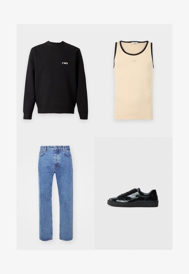 Schwarzes Sweatshirt mit Rundhalsausschnitt, langen Ärmeln und gerippten Bündchen. Verfügt über ein kleines, weißes, gesticktes Logo auf der Brust. Material aus Baumwollmix.; Ärmelloses beige Tanktop mit schwarzem Besatz am Hals- und Armausschnitt, mit einem kleinen, eingeprägten "23"-Logo auf der Brust.; Won Hundred STEVE - Jeans Relaxed Fit - cut blue; Schwarze Lackledersneaker mit runder Zehenform, Schnürdesign, strukturiertem Gummisohle und glatter Oberfläche.