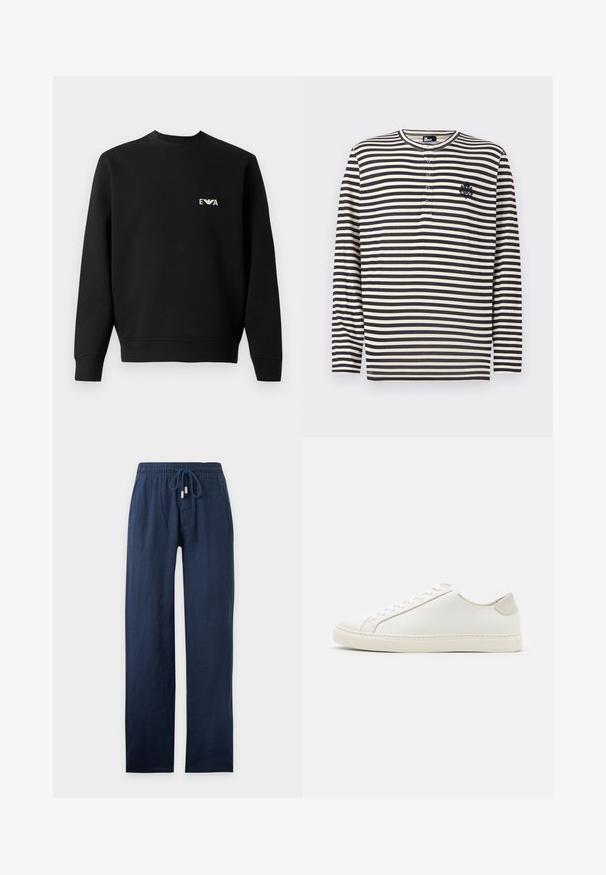 Schwarzes Sweatshirt mit Rundhalsausschnitt, langen Ärmeln und gerippten Bündchen. Verfügt über ein kleines, weißes, gesticktes Logo auf der Brust. Material aus Baumwollmix.; Langärmliges, schwarz-weiß gestreiftes Shirt mit Rundhalsausschnitt, teilweiser Knopfleiste und gesticktem Wappen auf der linken Brust.; Marineblaue Hose mit geradem Bein, elastischem Bund und Kordelzug, aus leichtem Stoff gefertigt.; Weiße Leder Sneakers mit glatter Oberfläche, runder Zehenform und minimalistischem Design. Mit beigen Akzenten an der Ferse und einer Gummisohle.