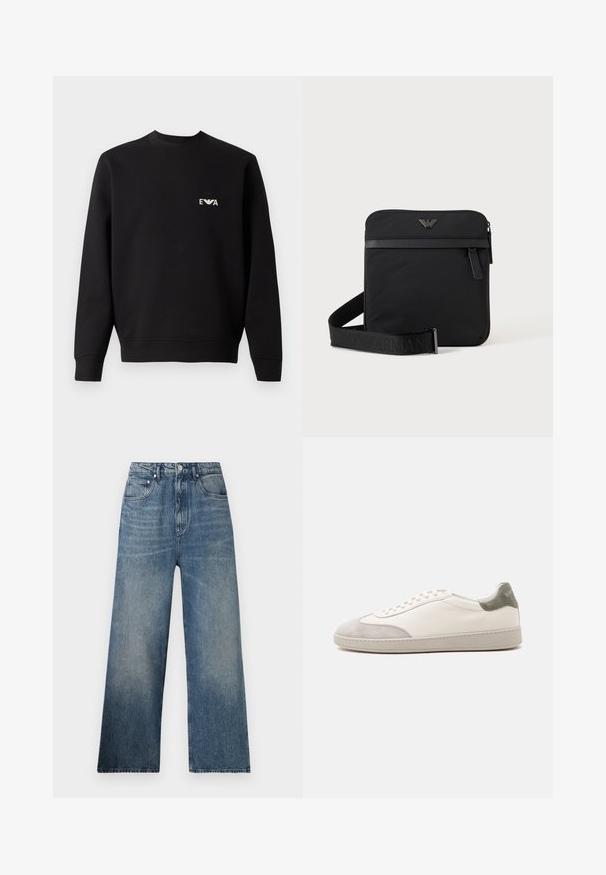 Sort sweatshirt med rund hals, lange ærmer og ribbede manchetter. Har et lille hvidt broderet logo på brystet. Stoffet er en blanding af bomuld.; Blå denim bredbenede jeans med høj talje, subtilt slid, fem lommer og metalknaplukning foran.; Hvid lav sneaker med lysegrå ruskind på tå og hæl, hvide snørebånd og en flad beige sål, vist fra ydersiden.; Sort firkantet skuldertaske med lynlås, frontlomme og justerbar rem med præget brandnavn.