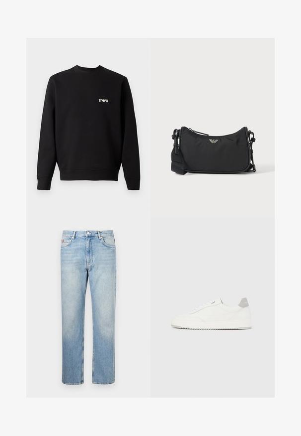 Sort sweatshirt med rund hals, lange ærmer og ribbede manchetter. Har et lille hvidt broderet logo på brystet. Stoffet er en blanding af bomuld.; Lyseblå denimjeans med lige ben, lukkes med knapper foran og lynlås, bæltestropper og design med fem lommer.; Hvid lavtop-sneaker med gråt hælflig, hvide snørebånd og tekstureret sål, vist på en ensfarvet lys baggrund.; Sort rektangulær crossbody taske med sølv brandlogoemblem og justerbar rem på lys baggrund.