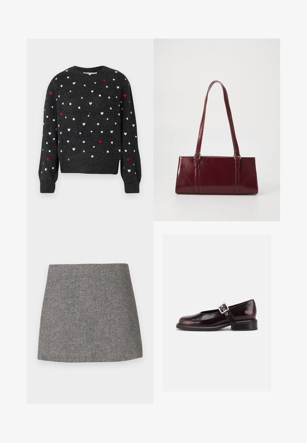 Pull en maille gris foncé avec des motifs de cœurs blancs et rouges, col rond, manches longues et poignets côtelés pour plus de texture.; Jupe à motif chevrons en tissu gris, présentant une silhouette ajustée avec une texture lisse et un ourlet droit et net.; Chaussure Mary Jane unique brillante couleur bordeaux foncé avec une large bride et une boucle argentée, talon bloc bas et bout arrondi sur fond blanc.; Sac à main bordeaux en matériau brillant, de forme rectangulaire, avec deux anses et des accents légèrement courbés à l'avant.