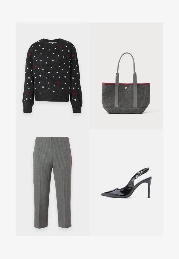 Pull en maille gris foncé avec des motifs de cœurs blancs et rouges, col rond, manches longues et poignets côtelés pour plus de texture.; Pantalons à rayures grises avec un design fuselé, offrant une texture lisse et une longueur raccourcie. Sans fermetures ni poches visibles.; Escarpins slingback en cuir verni noir avec un bout pointu, un design élégant, un talon aiguille de 10 cm et un détail décoratif à boucle.; Sac à porter gris avec de longues poignées grises, garniture maroon en haut et un petit bouton doré de fermeture sur fond blanc.