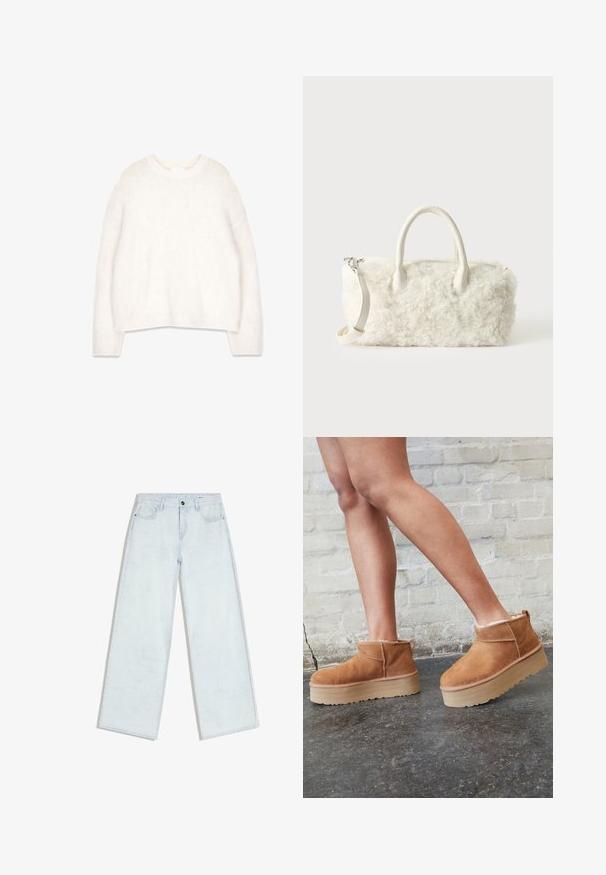Pull blanc en laine moelleuse avec un col rond, des manches longues et une coupe décontractée. Fabriqué à partir d'un tissu doux et texturé, il présente des poignets et un ourlet côtelés.; Jean bleu clair à jambes larges avec fermeture à boutons et fermeture éclair sur le devant, passants pour ceinture et style cinq poches, posé à plat sur un fond blanc.; Bottines en suède marron avec une doublure en peluche, semelle épaisse en beige et une poignée à l'arrière. Surface texturée avec des détails de couture visibles.; Petit sac à main blanc à texture de fourrure bouclée, doubles poignées et bandoulière amovible sur un fond clair uni.