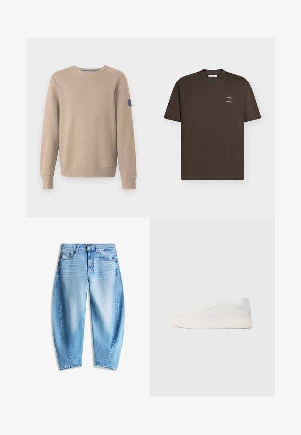 TOM TAILOR STRUCTURED CREW NECK - Sweatshirt - palm cashmere structure; T-shirt marron foncé à manches courtes avec col rond, featuring un petit imprimé texte blanc "SAMSOE SAMSOE" sur la poitrine gauche.; Jean en denim bleu clair avec une coupe décontractée, cinq poches, fermeture par bouton et légère décoloration sur l'avant des cuisses.; Baskets blanches avec une tige synthétique lisse, bout rond et semelle plate blanche. Caractérisées par des coutures ton sur ton et un branding minimaliste sur le côté.