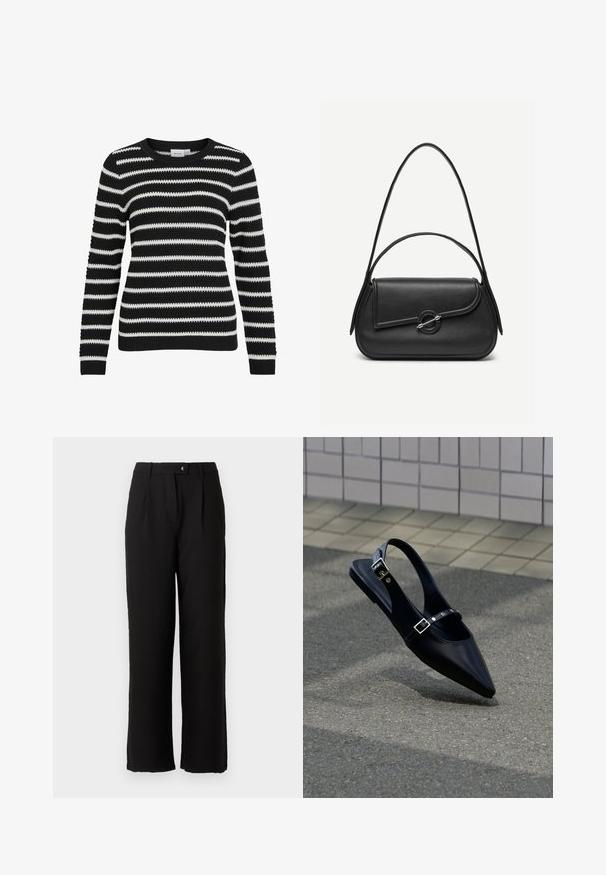 Sort og hvid stribet sweater, strikket tekstur, rund halsudskæring, lange ærmer, ribbede manchetter og kant, der har skiftende brede og smalle striber.; Sorte bukser lavet af et glat stof, med en lige ben design, frontfolder og en standard knaplukning i taljen.; Sort flad slingback med spids tå og dobbelte spænder, hvilende på grå asfalt nær flisevæg.; Sort læderhåndtaske med afrundede kanter, asymmetrisk klap, metalcirkulært spænde samt både korte og lange skulderstropper.