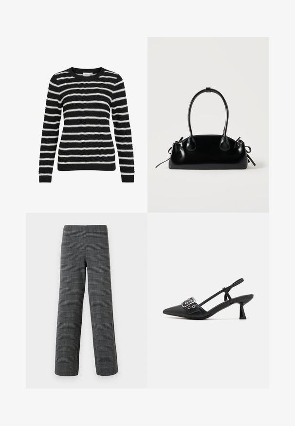 Sort og hvid stribet sweater, strikket tekstur, rund halsudskæring, lange ærmer, ribbede manchetter og kant, der har skiftende brede og smalle striber.; Vero Moda VMBERLIN WIDE PANT - Bukser - dark grey/black; Simmi London DALA - Pumps - black; Lille sort blank håndtaske med to lange håndtag og snøre-detaljer i siden på en ensfarvet lys baggrund.