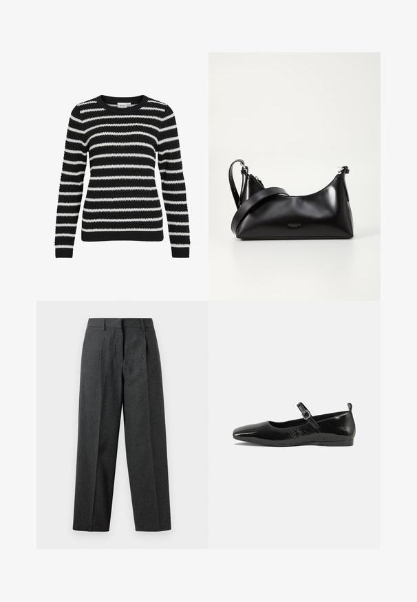 Pull rayé noir et blanc, texture tricotée, col rond, manches longues, poignets et ourlet côtelés, présentant des rayures larges et étroites alternées.; Pantalon gris foncé à taille haute, avec un devant plissé, des jambes larges et une texture lisse. Design ajusté, sans matériel visible ni embellissements.; Chaussure plate en cuir verni noir avec un bout pointu, une sangle de cheville avec boucles, et une texture lisse et brillante. Talon bas pour le confort.; Sac à main en cuir noir avec une texture lisse. Dispose d'une bandoulière adjustable et d'un design élégant et minimaliste avec une fermeture éclair.