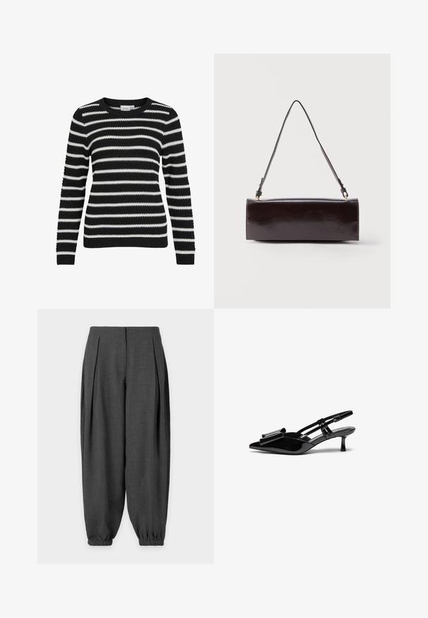 Gestreifter Pullover in Schwarz und Weiß, gestrickte Textur, runder Ausschnitt, lange Ärmel, Rippbündchen und -saum, mit abwechselnd breiten und schmalen Streifen.; Dunkelgraue, locker sitzende Hose mit Falten vorne und elastischen Bündchen an den Knöcheln auf einfarbigem Hintergrund.; Schwarze Lackleder-Slingbacks mit spitzer Zehenpartie, einer Schleifendetail an der Vorderseite und einem kleinen Stiletto-Absatz. Die Riemen haben verstellbare Schnallen.; Rechteckige schwarze Ledertasche mit einem einzelnen langen Riemen und glänzendem Finish, vor einem schlichten weißen Hintergrund präsentiert.