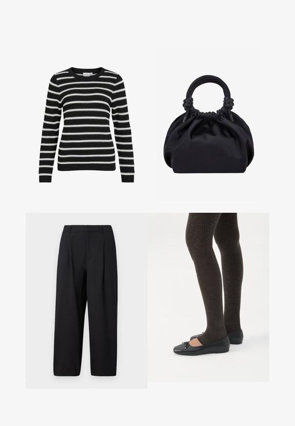 Sort og hvid stribet sweater, strikket tekstur, rund halsudskæring, lange ærmer, ribbede manchetter og kant, der har skiftende brede og smalle striber.; Sorte bukser med en afslappet pasform, plisseret front, glat talje og blød tekstur. Klippet til en cropped længde, velegnet til både formelt og afslappet brug.; Ben iført mørke ribbede leggings kombineret med sorte balletsko med små sløjfedetaljer på hvid baggrund.; Sort blød stofhåndtaske med samlet top og cirkulære polstrede håndtag bundet med knuder på hver side.