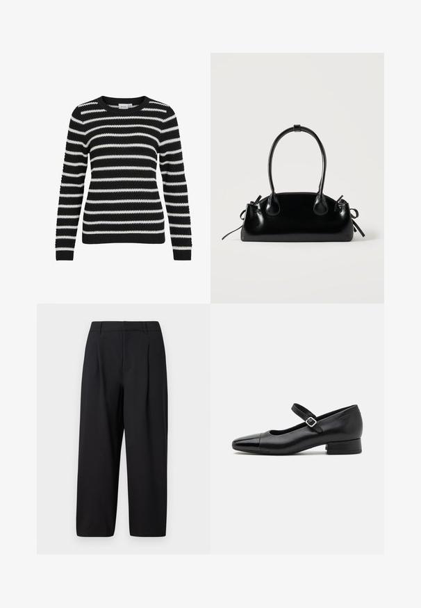 Pull rayé noir et blanc, texture tricotée, col rond, manches longues, poignets et ourlet côtelés, présentant des rayures larges et étroites alternées.; Pantalon noir avec une coupe décontractée, devant plissé, taille plate et texture lisse. Coupé à une longueur raccourcie, adapté pour un usage formel ou décontracté.; Chaussures Mary Jane en cuir noir avec un embout en vernis, une sangle cheville réglable et un petit talon carré. Texture lisse et design élégant.; Petit sac à main noir brillant avec deux longues anses et des détails à cordon sur les côtés sur un fond clair uni.