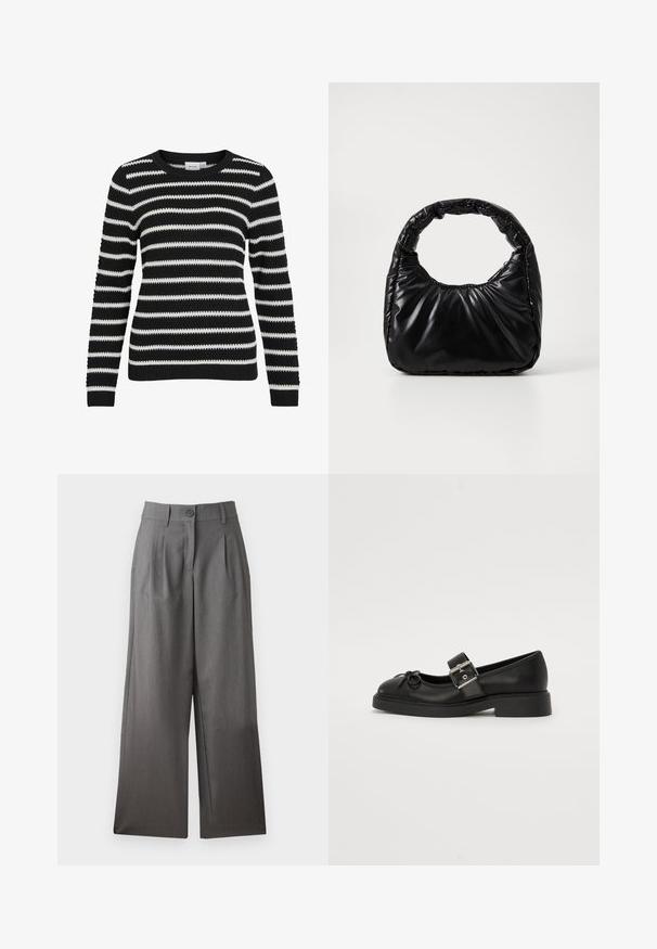 Sort og hvid stribet sweater, strikket tekstur, rund halsudskæring, lange ærmer, ribbede manchetter og kant, der har skiftende brede og smalle striber.; Videbenede bukser i mørkegrå stof med knaplukning, folder foran og glat tekstur. Ingen mønstre eller accenter synlige.; Sort læder Mary Jane-sko med rund tå, ankelrem og sølv spænde detalje. Har en flad, chunky sål og en sløjfe akcent.; Sort polstret håndtaske med et rundt håndtag, der har en glat, skinnende overflade og en blød, kviltet tekstur. Ingen synlige hardware eller accenter.