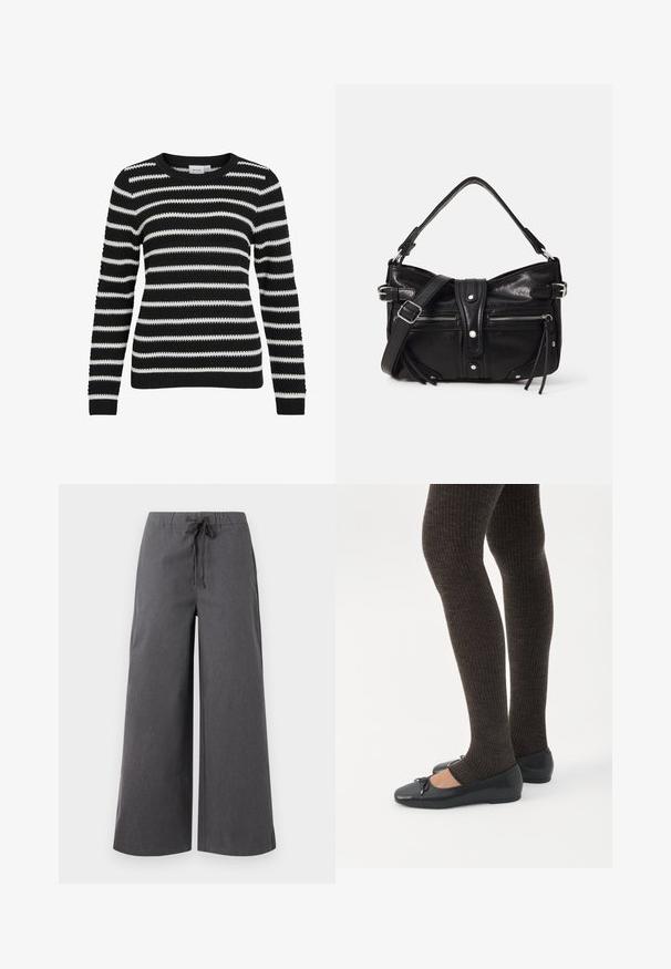 Pull rayé noir et blanc, texture tricotée, col rond, manches longues, poignets et ourlet côtelés, présentant des rayures larges et étroites alternées.; Pantalons larges, gris foncé, fabriqués dans un tissu doux, dotés d'une taille élastique avec cordon de serrage et de détails de couture minimaux.; Jambes portant des leggings côtelés foncés associés à des ballerines noires avec de petits détails en nœud sur fond blanc.; Even&Odd by Zalando H24462 - Sac à main - black