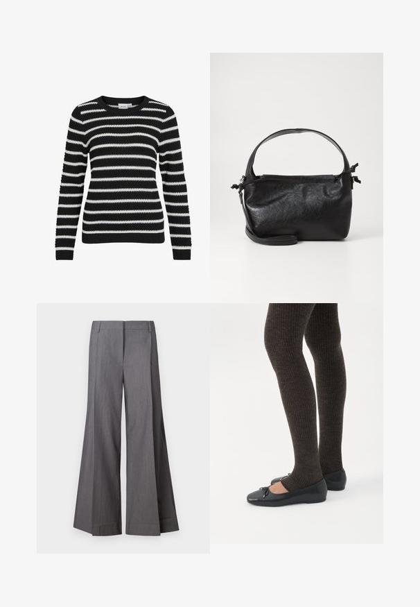 Sort og hvid stribet sweater, strikket tekstur, rund halsudskæring, lange ærmer, ribbede manchetter og kant, der har skiftende brede og smalle striber.; Grå vide benbukser lavet af et struktureret stof med høj talje og forfald. Kantafslutningerne er rene uden yderligere detaljer.; Ben iført mørke ribbede leggings kombineret med sorte balletsko med små sløjfedetaljer på hvid baggrund.; Sort læderhåndtaske med et struktureret design, rund tophåndtag og aftagelig skulderrem. Den har en glat tekstur og en subtil glans.
