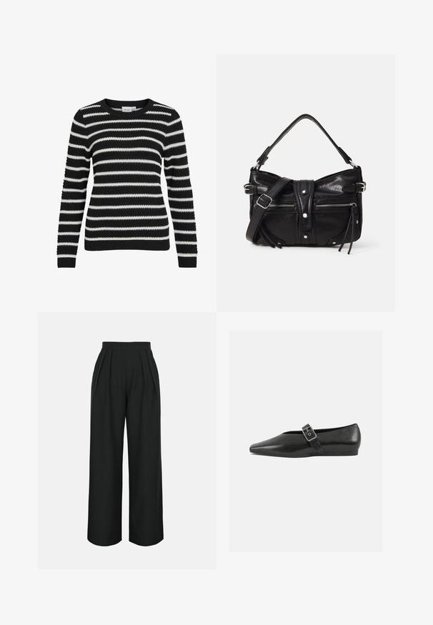 Sort og hvid stribet sweater, strikket tekstur, rund halsudskæring, lange ærmer, ribbede manchetter og kant, der har skiftende brede og smalle striber.; Sort højtaljede bukser med vide ben, med for-plocher og sidelommer, designet til en løs og behagelig pasform.; Sorte læder flade sko med spidse tæer, prydet med en metallisk spænde over vristen og en lav, fleksibel sål.; Even&Odd by Zalando H24462 - Håndtasker - black